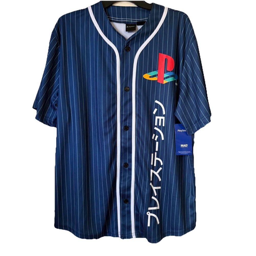 PlayStation Katakana Kanji Baseball Jersey Official License Navy Pinstripe Small
